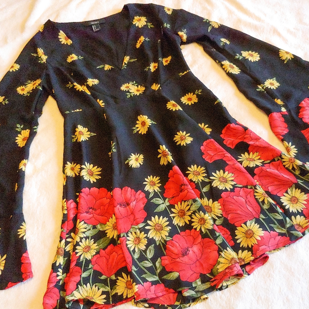 Bell Sleeve Floral Flounce Dress